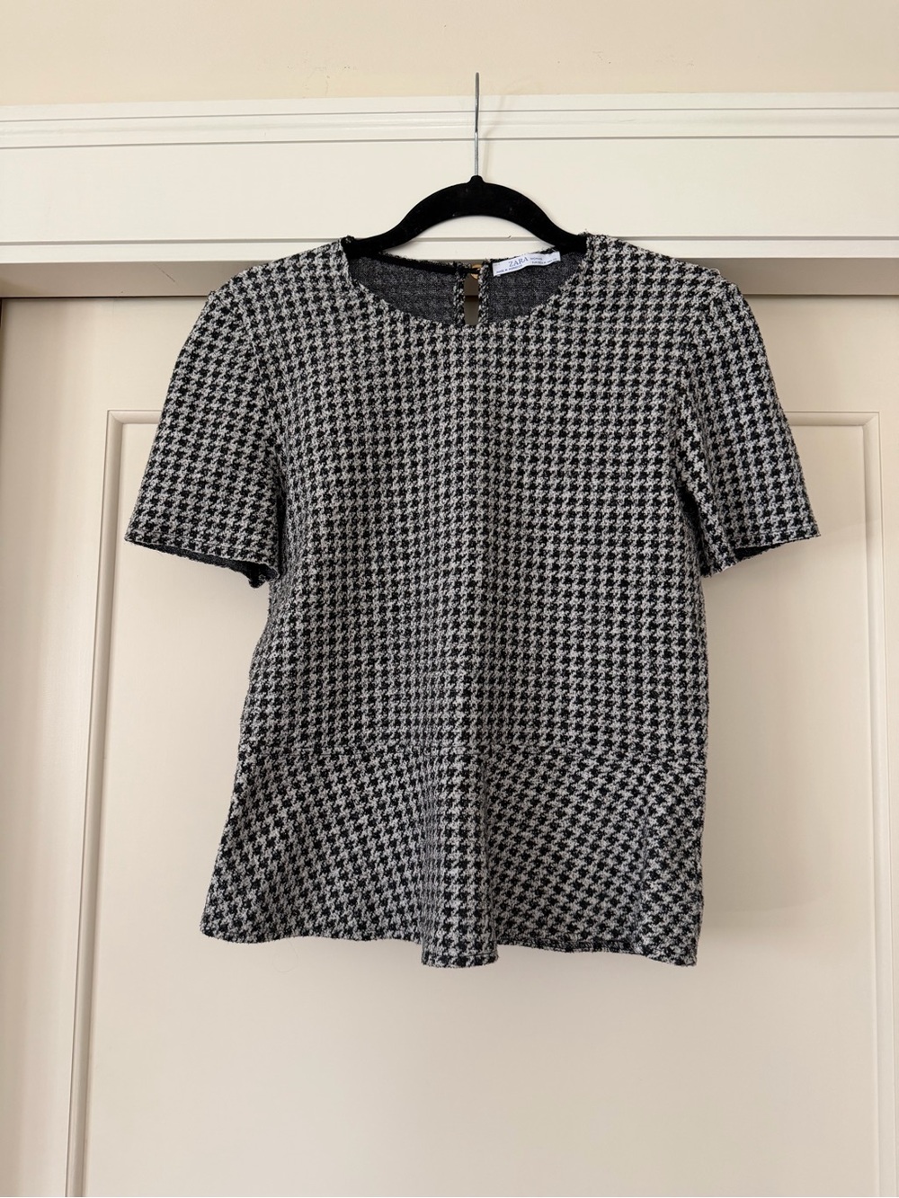Zara Black White Houndstooth Boucle Tweed Peplum Top Size M